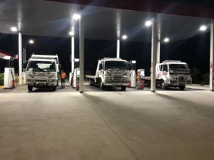 Maroochydore Towing trucks refuelling at night to stay ready for 24 hour towing across the Sunshine Coast