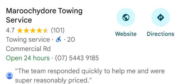 Maroochydore Towing - Google Business rating 4.7 with 100+ genuine reviews